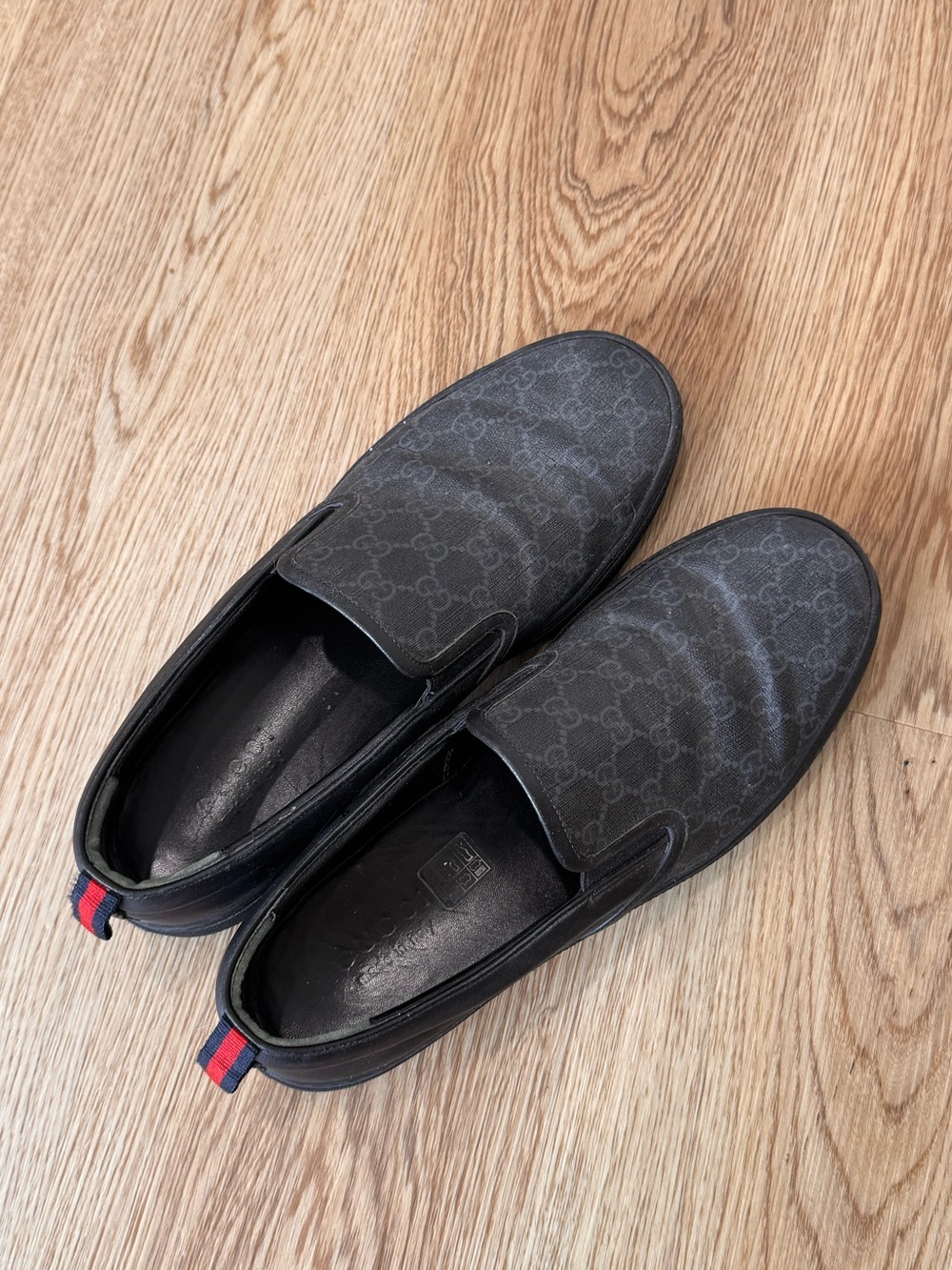 Gucci Black Monogram Slip-On Loafers with Red & Blue Heel Tab